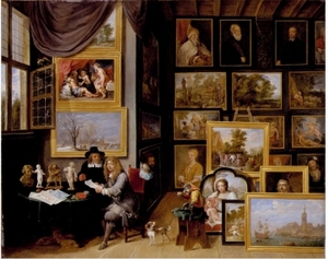 A picture gallery with two men examining a seal and a red chalk drawing, and a monkey present