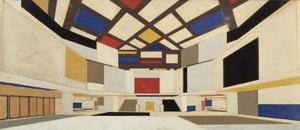 Colour design for university hall, in perspective, towards the staircase