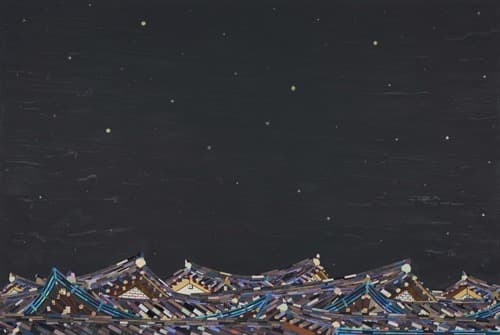 별이 뜨는 밤 · 캔버스에 아크릴. 바느질꼴라주. 비즈 · 130x194cm · 2017