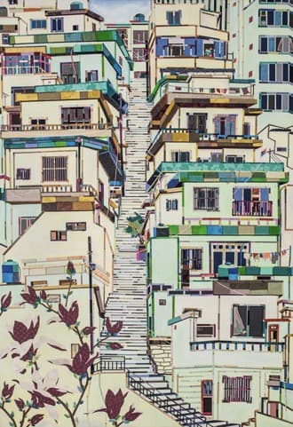 계단길 · 캔버스에 아크릴/바느질 꼴라주 · 116x80cm · 2017