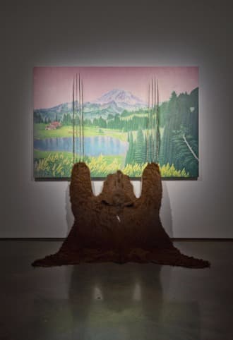 제 말 좀 끝까지 들어 보세요 · Oil Painting on Torn Linen with Cow Hide Rug · Wood and Resin Painting 130.3x194cm  Cow Hide Rug 172x151cm. · 2017 · Oil Painting on Torn Linen with Cow Hide Rug