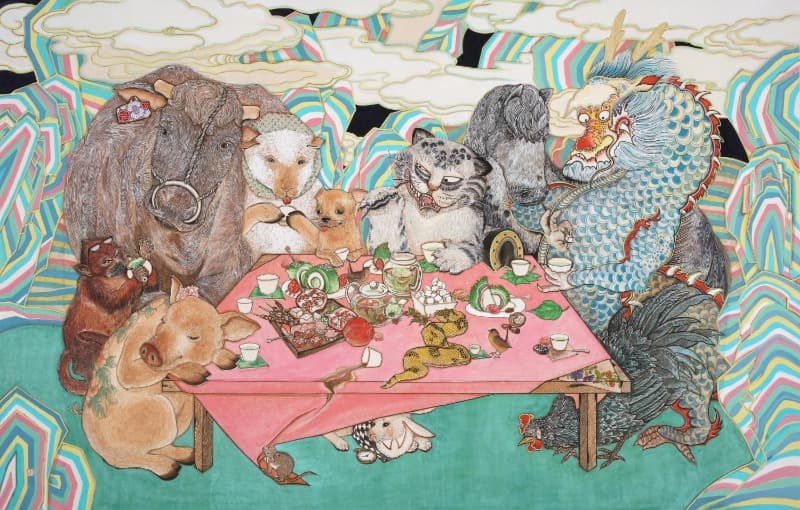 곽수연 -  tea time(十二支神) · 장지에 채색 · 121×189cm2016