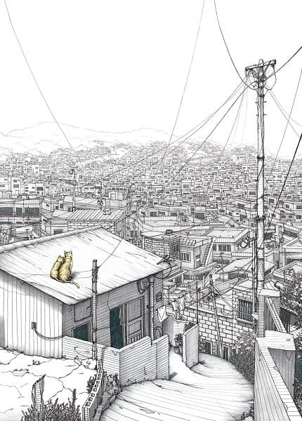 골목길과 고양이의 이야기(부산 범일동) · 종이에 피그먼트 펜과 색연필 · 61 x 44cm · 2016