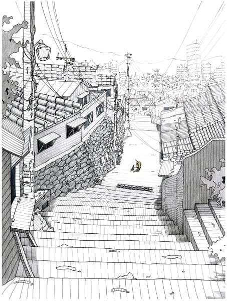 골목길과 고양이의 이야기(서울 이화동) · 종이에 피그먼트 펜과 색연필 · 23.5 x 30.5cm · 2016