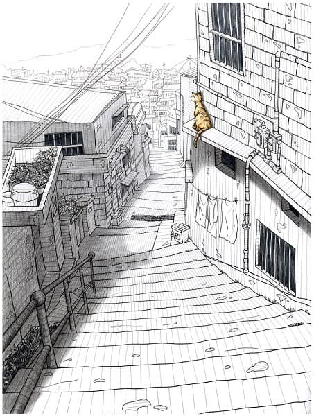 골목길과 고양이의 이야기(서울 북아현동) · 종이에 피그먼트 펜과 색연필 · 23.5 x 30.5cm · 2015