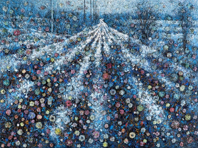 의주로를 밟다 · 캔버스에 유채. 조화.  마 · 194 x 259 cm · 2015 · Uiju Road · Oil. artificial flower. hemp cord on canvas_