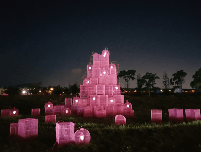강효명 행복의 성 in Daegu-Pink House Project · 철재새장. 칼라피복 와이어. 쏠라라이트 · 260x360x650cm · 2018
