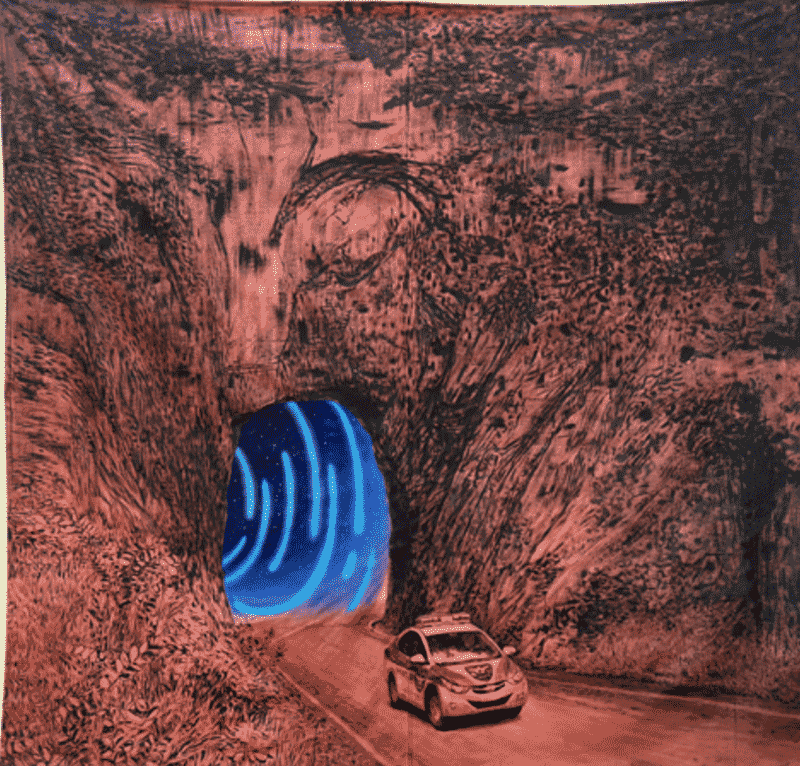이우성_지나치게 환상에 빠지지 않도록 · 천에 수성페인트. 아크릴릭 과슈 · 210×210cm · 2015