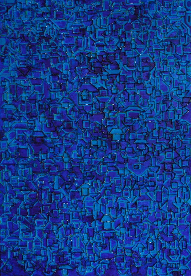 집이있는 풍경 · 캔버스에 아크릴. 한지 · 112x162cm · 2018