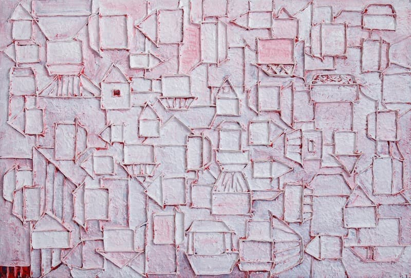 집이있는 풍경 · 캔버스에 아크릴. 한지 · 91.5x62cm · 2018