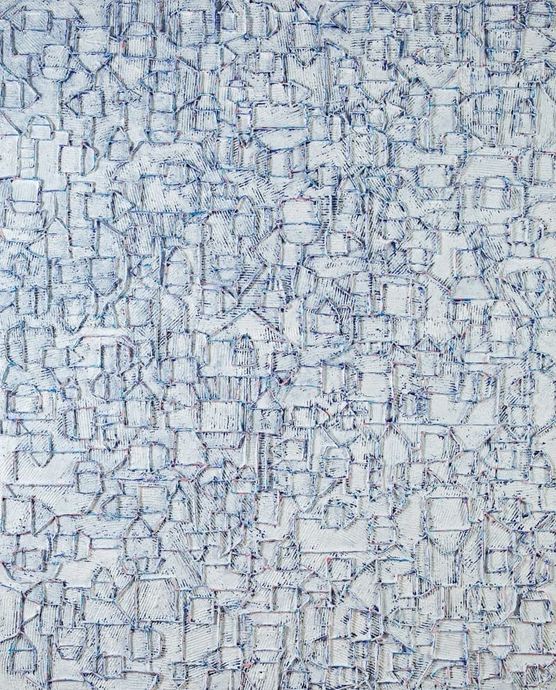 집이있는 풍경 · 캔버스에 아크릴. 한지 · 162x130cm · 2018