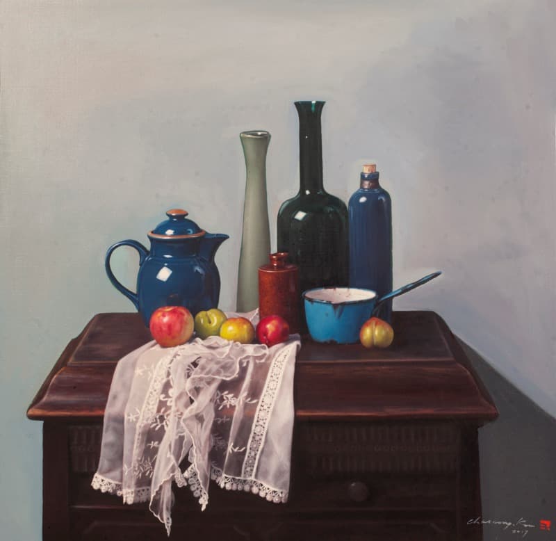 유성기 위의 정물 · oil on canvas · 72 x 72cm · 2018