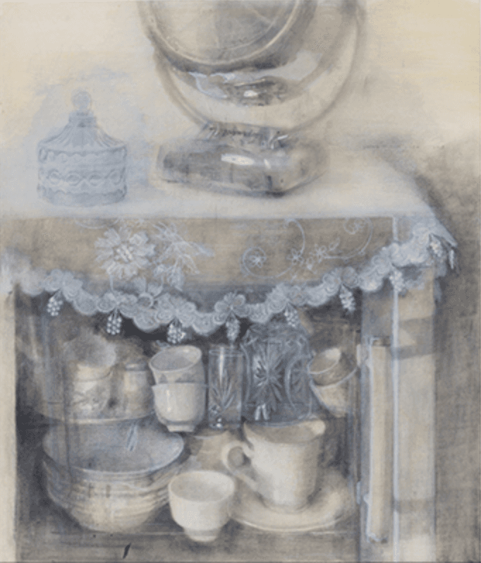 Cups in a Dish drier · Pencil and gouache on paper · 71 x 61 cm · 2018