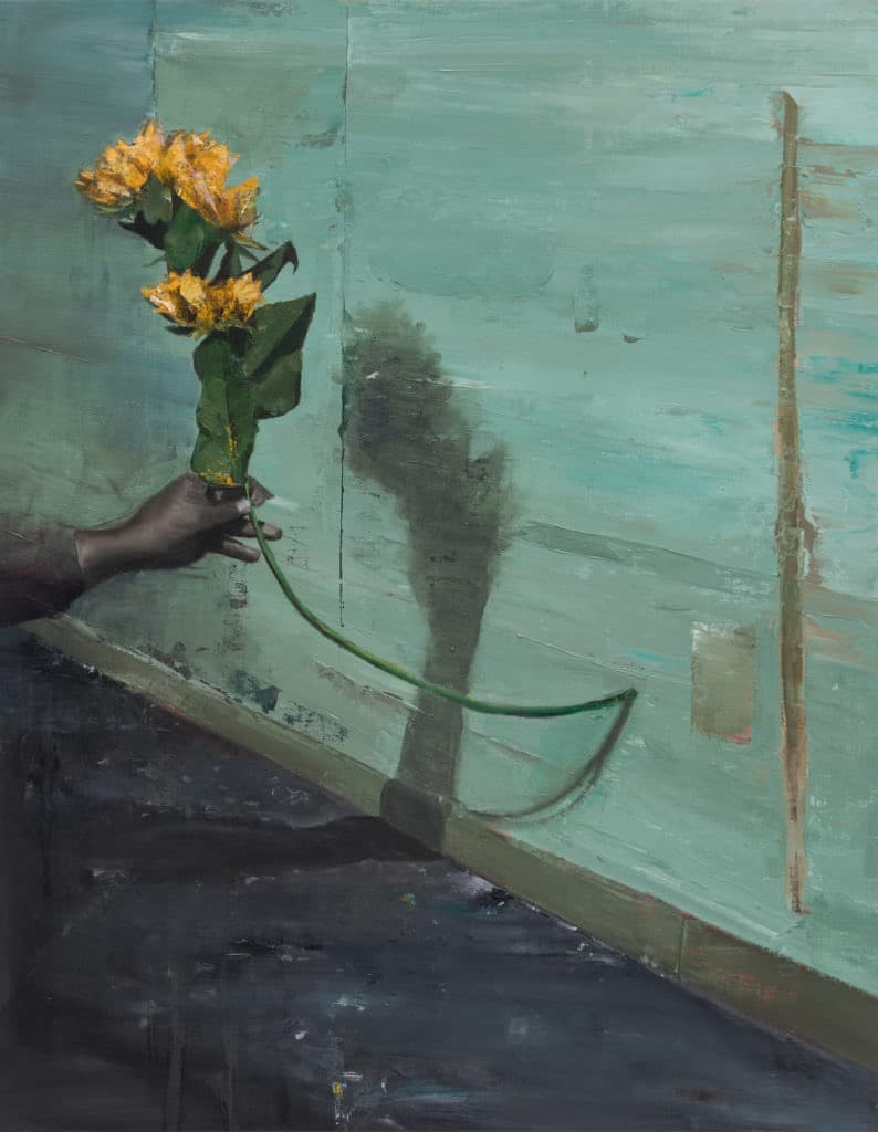 holding the painted flowers · oil on canvas · 116.8 x 91cm · 2018