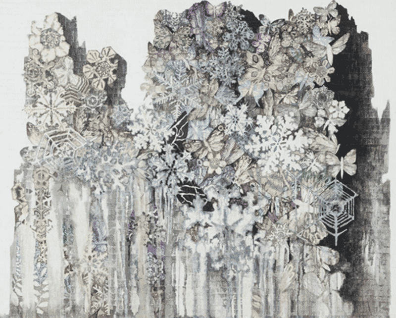 구본아 - Face to the wall · 한지 꼴라쥬 위에 먹과 채색. 금분. 은분 · 130x160cm · 2016
