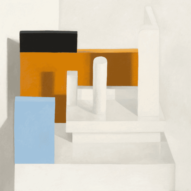 Nathalie A white little construction with 3 colorful pieces · Oil on canvas · 100x100cm · 2012 · Nathalie A white little construction with 3 colorful pieces · Oil on canvas