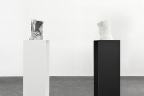The Influence  Fig. 2 (left) & The Influence  Fig. 1 (right) · Aluminium.  Lacquer.  Steel · torso: 34 x 30 x 24 cm each plinth: 108 x 38 x 38 cm each · 2019 Courtesy of the artists and Kukje Gallery · The Influence  Fig. 2 (left) & The Influence  Fig. 1 (rig