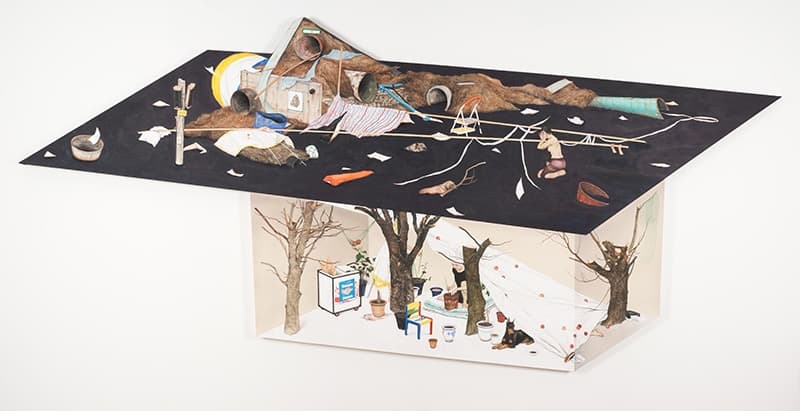 이진주 - 네개의 질문 · 광목에 먹 채색 · (위)202.5×437cm (아래)113.5×239cm · 2019