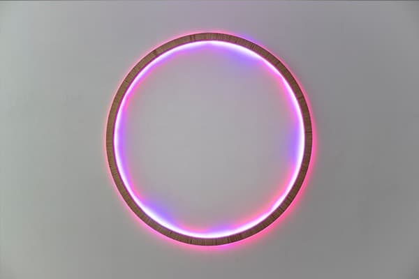 INFILL · Acrylic color. LED-light. wire and wire clothing on circle-birch · 150 x 4.4 cm · 2019
