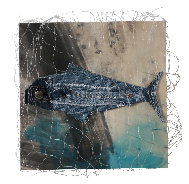 김현지_송도수산03 · 한지 위에 수묵담채&그물 · 36x36cm · 2019 · Kim Hyun-ji_Songdo Fisheries03 · Sudukchae & netting on hanji paper