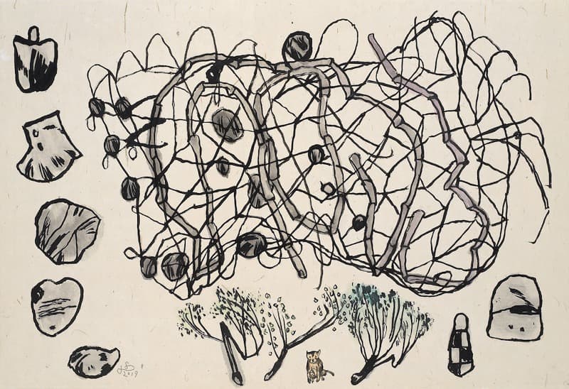 김선두_돌 나무 강물의시간 · 장지에 먹 분채 · 94x65cm · 2019