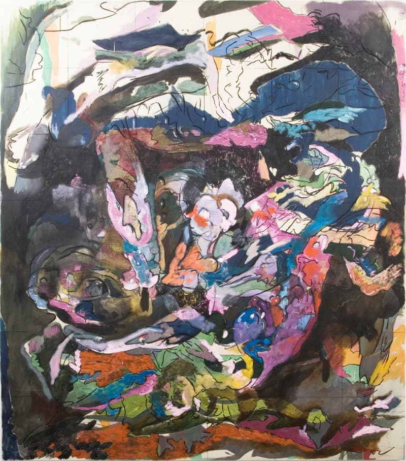 Deluge · oil.  Distemper.  wax and charcoal on canvas · 220x250cm · 2019