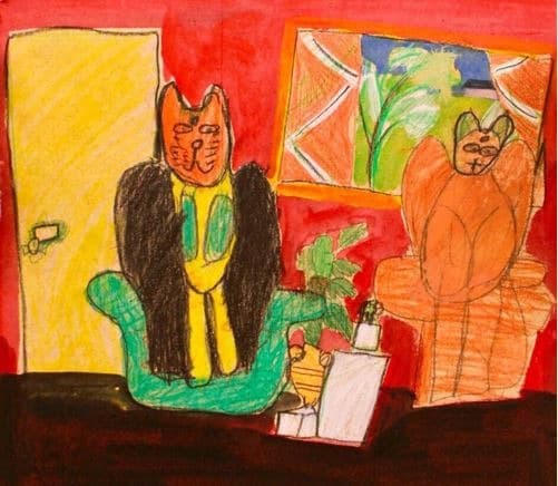 마티스의 방에 들어간 고양이 가족 · 나무 패널에 아크릴채색 · 29.8×32.5cm · 2017