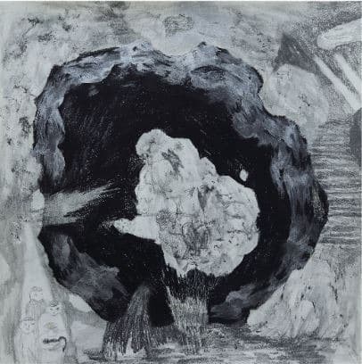 비닐봉지에 있던 토끼모양 고양이 · 종이에 혼합재료 · 30cm x 30cm · 2017 · Mixed Medium on paper