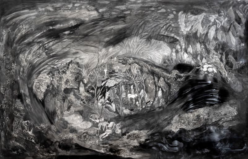 우리는 검은 산의 귀퉁이에 모여 · 종이에 흑연 · 98x150cm · 2019 · black smoke on paper