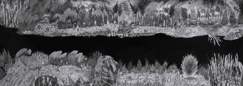 이상하고 평화로운 나라들이었다 edit.2 · 종이에 흑연 · 47x130cm · 2019 · black smoke on paper