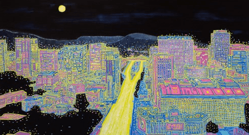 광화문야경 · 한지에 채색 · 130x190cm · 2019 · Night view of Kwanghwamoon