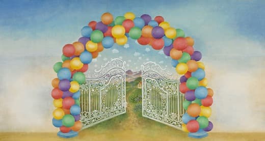 가자 행복의 나라로 (행복의 나라로 오세요2) · 한지에 분채 · 85x165cm · 2018 · Let's go!!! happy land