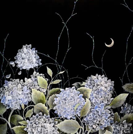 Moonlight Garden · 한지에 은분채색_먹_자개 · 72.5x72.5cm · 2017 · Moonlight Garden