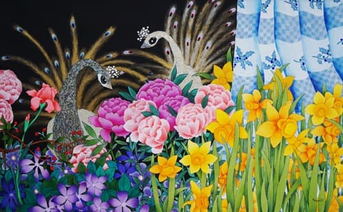 The peacocks in the Garden · 천에 혼합채색 · 146x90cm · 2016 · The peacocks in the Garden