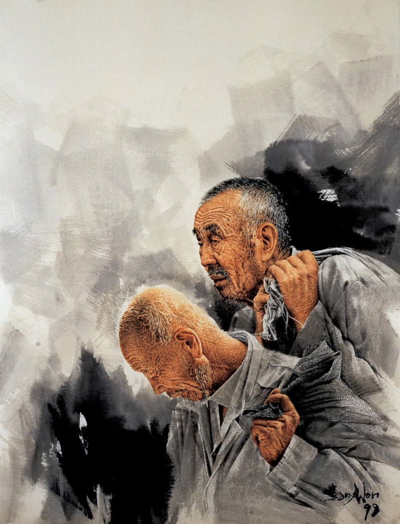 동해인 · 한지위에 먹과 유화물감 · 165x125cm · 1999 · The East Sea People · ink and oil color on paper