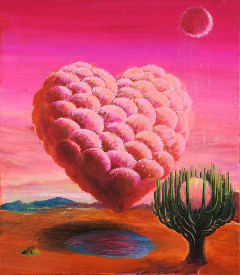 Heart Island and Heila woodpecker · oil on cnavas · 46cmX46cm · 2019 · Heart Island and Heila woodpecker · oil on cnavas