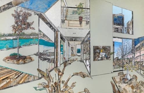 마침내 드러난 기억 2 · 한지에 고서콜라주, 수묵, 아크릴채색 · 130.3×194cm · 2018