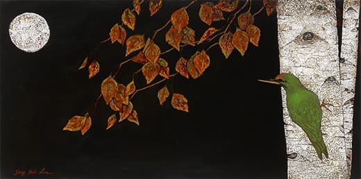 내 마음의 정원-달밤 · 나무에 옻칠재료기법 · 35x70cm · 2017