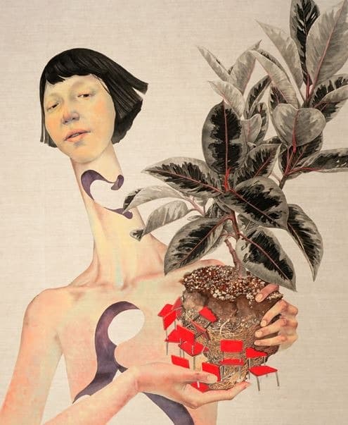 몰입-화분 · 천에 분채 · 91.5×73cm · 2019 · Immersion-flowerpot