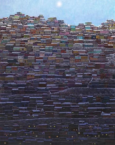 해동네 · 골판지 부조 위에 유채 · 162.2x130.3cm · 2018 · Sun village