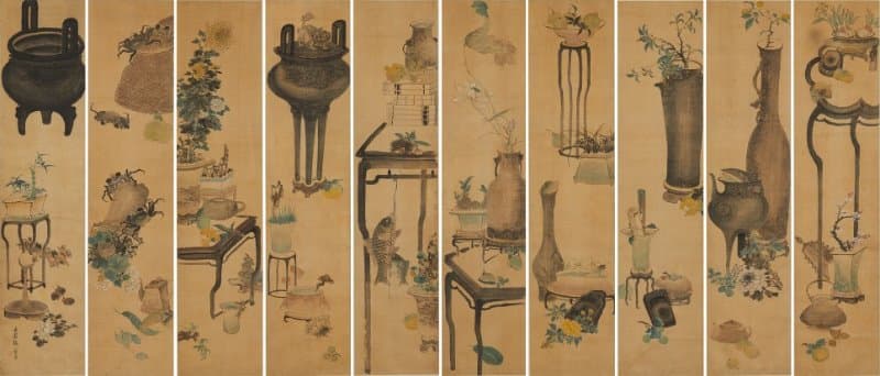 오원 장승업_기명절지(器皿折枝)10폭병 · 비단에 수묵담채 · 214 X 475cm · an ten-fold folding screen