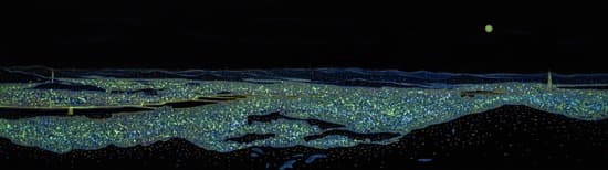 서울야경 · 한지위에 혼합채색 · 112x391cm · 2019(야광 후) · Night view of Seoul