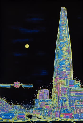 롯데거리 야경 · 한지위에 혼합채색 · 145x97cm · 2019(야광 전) · Night view of the Lotte Road