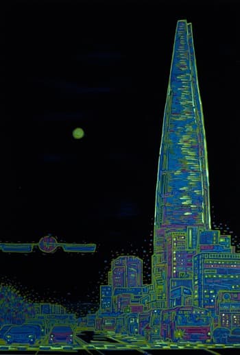 롯데거리 야경 · 한지위에 혼합채색 · 145x97cm · 2019(야광 후) · Night view of the Lotte Road