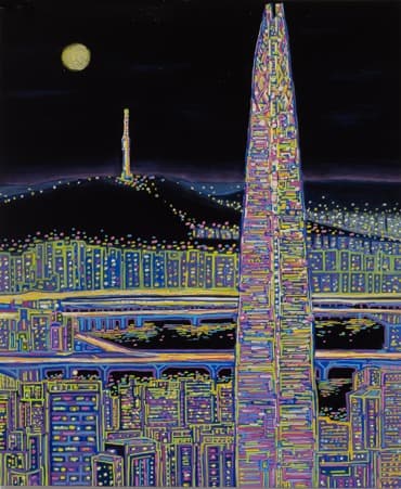 남산타워 그리고 롯데타워 야경 · 한지위에 혼합채색 · 61x72cm · 2019(야광 전) · Night view of  Namsan tower and Rotte tower