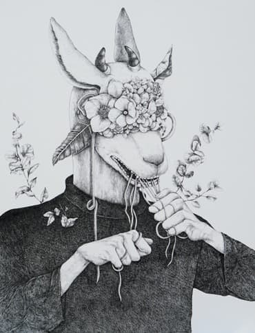 생각을 잘라내자 · Pen on Paper · 145.5x112.1cm · 2018 · Let's cut out our thoughts · Pen on Paper