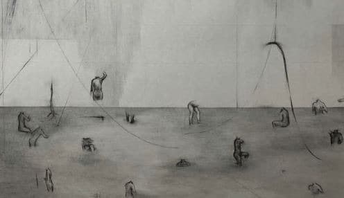 저장소 · 장지에 연필, 목탄, 실 · 255×190cm · 2019 · storage