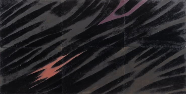 흐름1 · 합판,삼베,토분,생칠,흑칠,색칠 · 90×181.8cm · 2019 · Flow1