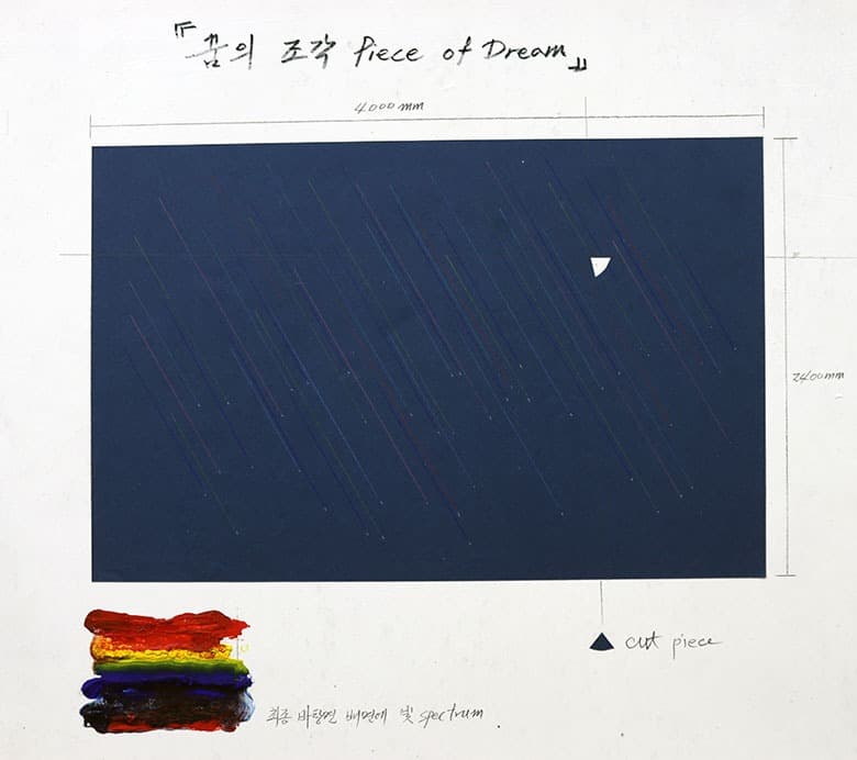 허구영, <꿈의 조각> · 중첩하여 채색된 벽면에 철침으로 선 긁기+실크 실, 벽면을 오려낸 조각 · 240x400cm(부분적으로 가변) · 2019 · a piece of dream
