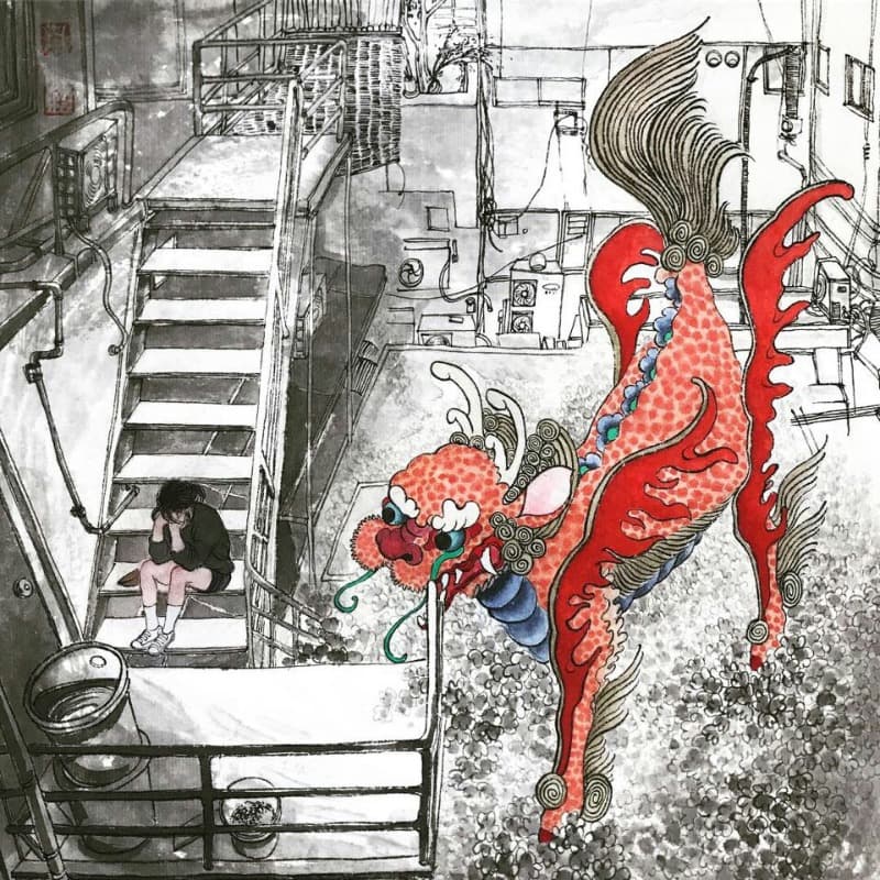 무엇인가 지켜본다 · 한지에 수묵담채 · 28㎝ X 28㎝ · 2018 · Something is watching
